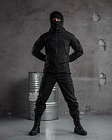 Тактический осенний костюм с капюшоном SoftShell Police black, демисезонный черный костюм для полиции