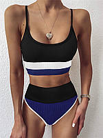 Раздельный женский купальник в рубчик с высокими плавками спортивный SPORTS черно-синий