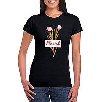 Футболка чорна з оригінальним принтом для флориста "Florist. Флорист. Червоний напис. Тюльпани" Push IT