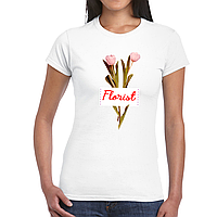 Футболка біла з оригінальним принтом для флориста "Florist. Флорист. Червоний напис. Тюльпани" Push IT