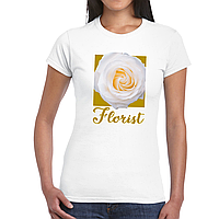Футболка біла з оригінальним принтом для флориста "Florist. Флорист. Жовтий напис. Біла троянда" Push IT