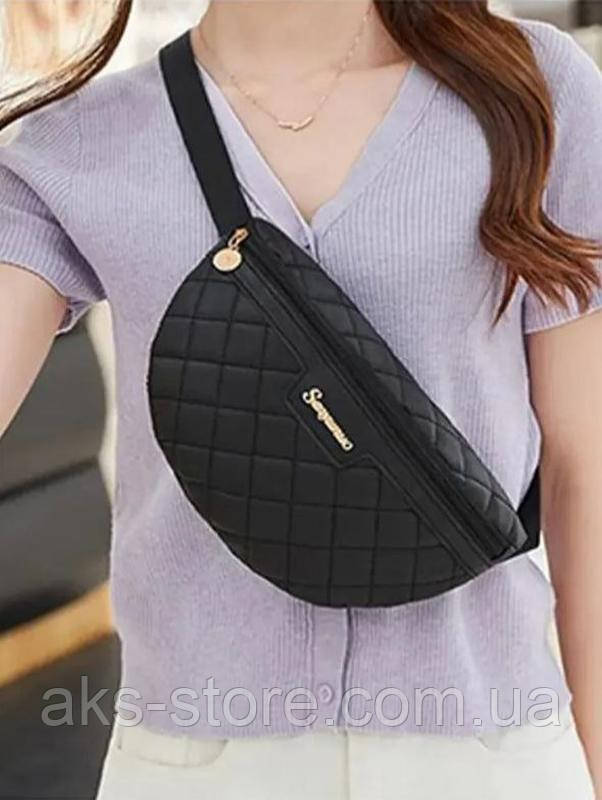 Маленька жіноча сумка-більтбіг із плечовим ремінцем або на пояс чорна