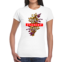 Футболка біла з оригінальним принтом для флориста "Florist. Флорист. Білий Напис. Гілка квітів" Push IT