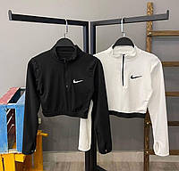 Жіночий топ з довгим рукавом,принт Nike.Лонгслів на блискавці.Укорочена спортивна кофта.Базовий кроп-топ