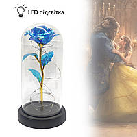 Роза в стеклянной колбе Rose of love, креативный творческий подарок цветы в стекле в вакууме с подсветкой Синий