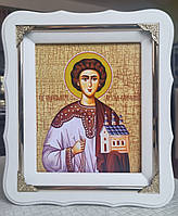 Ікона Святий мученик Стефан в білому дерев'яному фігурному кіоті під склом, розмір кіота 24*21,лік 15*18