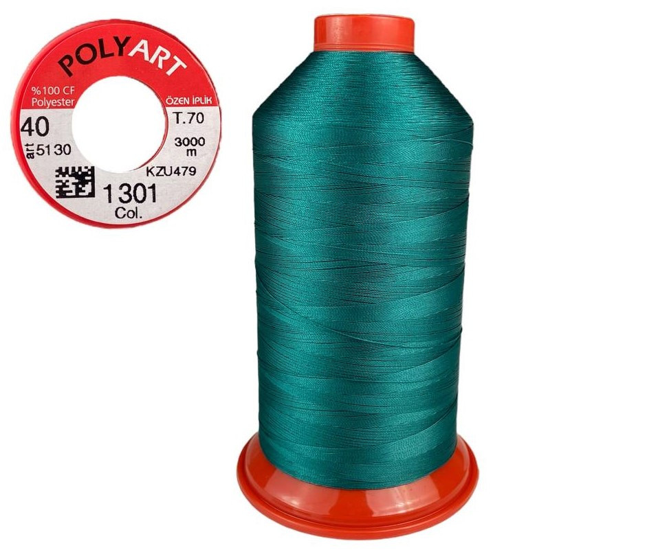 Нитка швейна поліестер POLYART(ПОЛІАРТ) N40 колір #1301 бірюзовий 3000м (ОРИГІНАЛ, ТУРЕЧЧИНА), фото 1