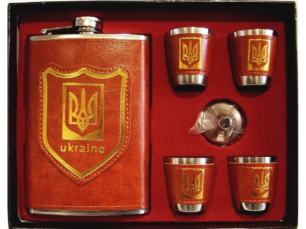 Фляга похідна, набір: фляга 270 мл + 4 стопки + лійка з гербом Україна