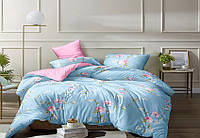 Комплект постельного белья из 100% сатина люкс с компаньоном цветы голубой/розовый S356