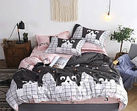 Комплект постельного белья из 100% сатина люкс с компаньоном котики бело-черный/розовый S397 Евро