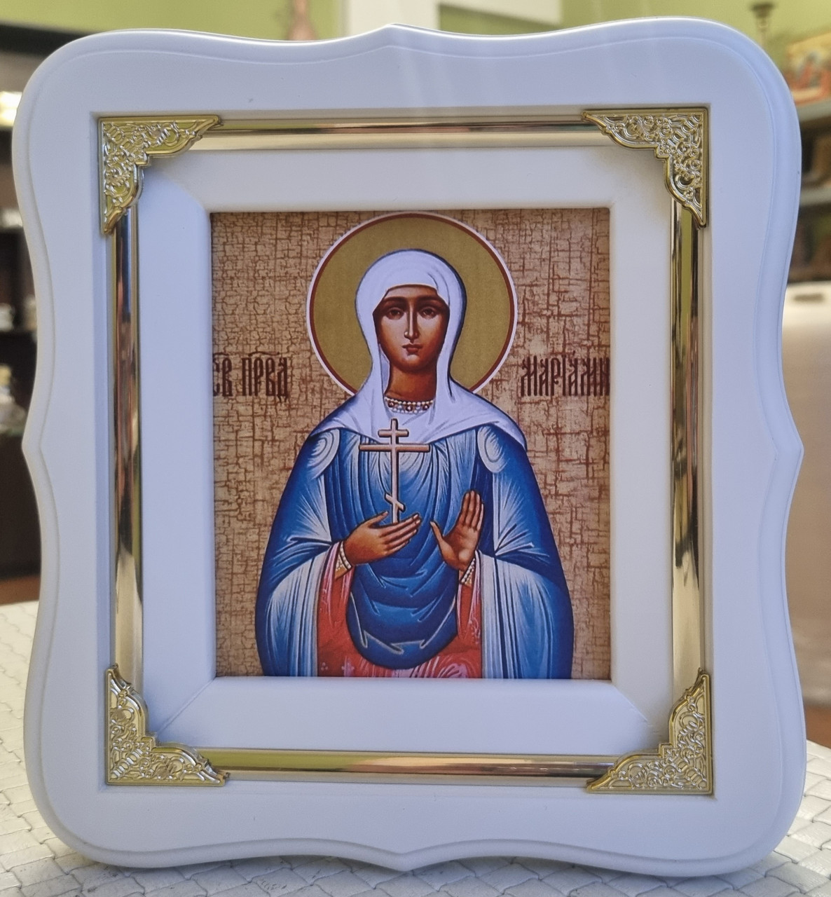 Ікона Свята Праведна Маріамна в білому дерев'яному фігурному кіоті під склом,розмір 19*17,лік 10*12
