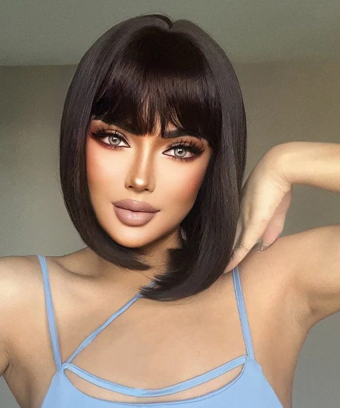 Перука темно-коричнева шоколадна каре з чубчиком термоперука, фото 1