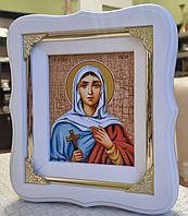 Ікона Свята Марія в білому дерев'яному фігурному кіоті під склом, розмір кіота 19*17, сюжет 10*12
