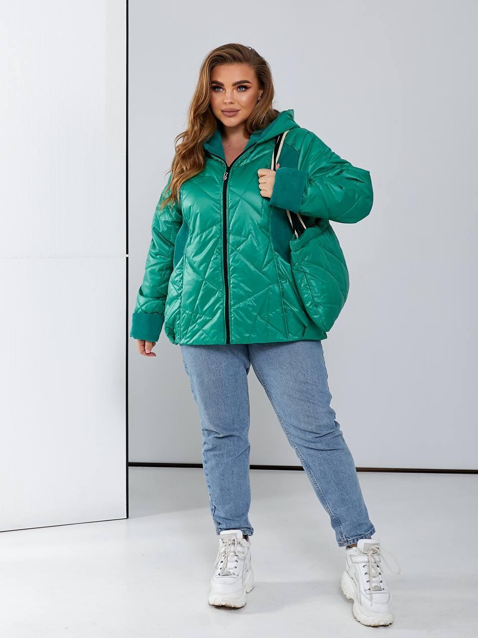 Куртка жіноча демісезонна батал + сумочка NOBILITAS  50-60  зеленого кольору