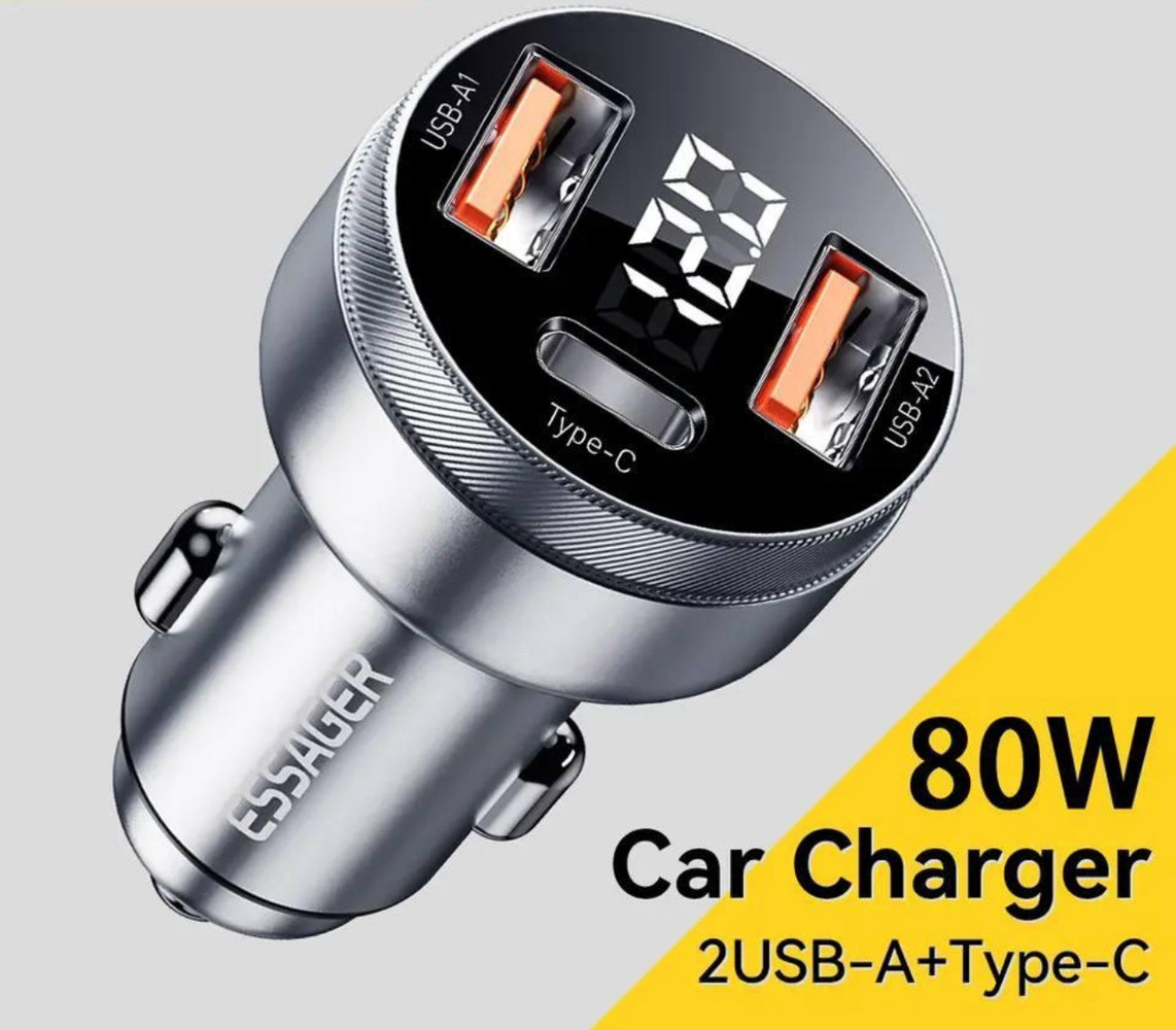 Зарядний пристрій автомобільний Essager 80 Вт трьохпортовий Type-C і USB-A швидка зарядка сумісний з PPS PD3.0 чорний компактний, фото 1