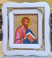 Ікона Святийангеліст Марк у білому фігурному кіті з декоративними куточками, 
размер киота 19*17, лик 10*12