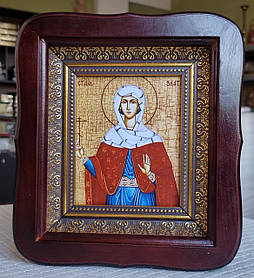 Кона Свята мучениця Злата в дерев'яному фігурному кіоті під склом, розмір кіота 20*18, сюжет 10*12.