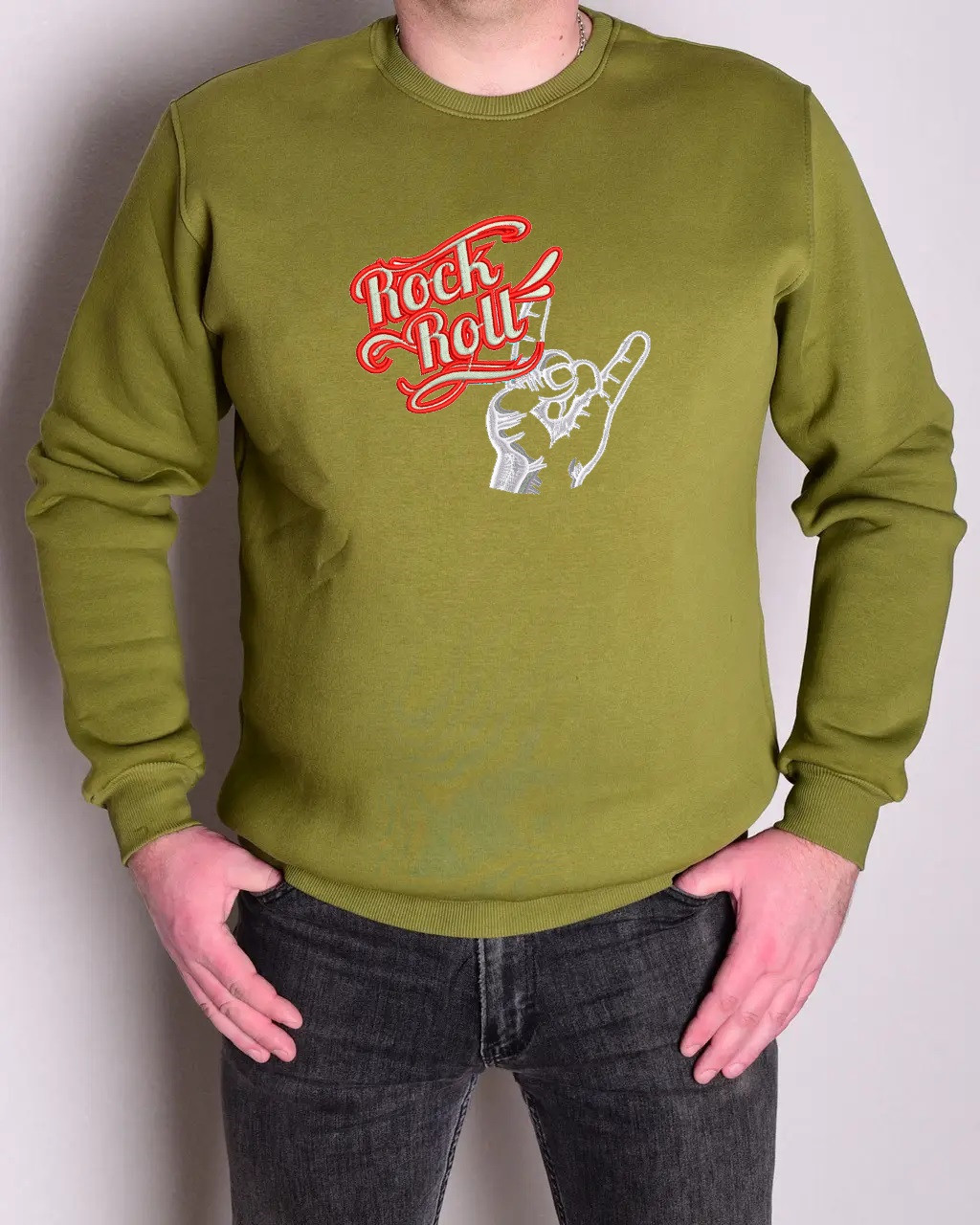 Світшот оверсайз чоловічий "Rock and Roll" р.46-56 з вишивкою олива, фото 1