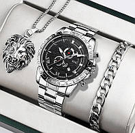 Подарочный набор для мужчин наручные часы с браслетом и ожерельем диам 42мм длин 24см шир рем 2см без коробки