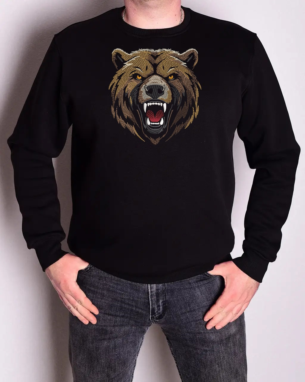 Світшот оверсайз чоловічий "Медведь" р.46-56 з вишивкою чорний, фото 1