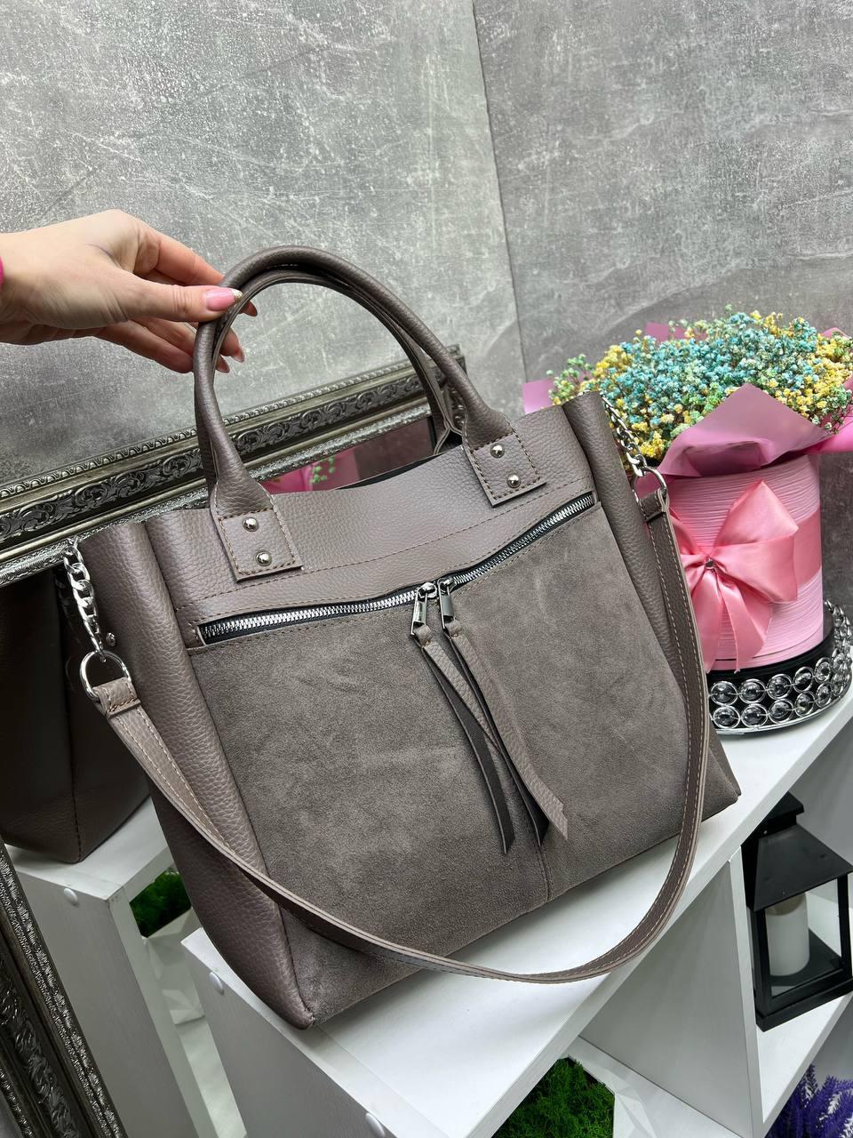 Велика жіноча сумка формат А4 на плече мокко натуральна замша+шкірзам, фото 1