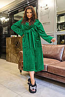 Женский домашний махровый зеленый халат длинный с поясом и капюшоном