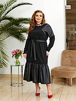 Женское черное длинное платье с вставками из эко-кожи батал