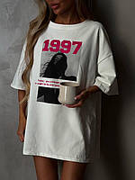 Женская универсальная футболка свободного кроя белая с принтом турецкий кулир размер универсальный 42-46