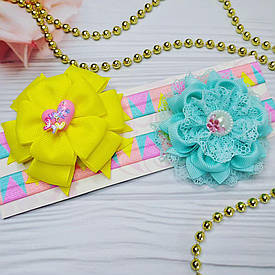 Дитяча повязка на голову з бантом (бантик жовтий, м'ятний на повязкі для волос для дівчаток канзаші)