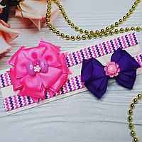 Детский бант на повязке для волос (бантик розовый неон, фиолетовый на резинке, на голову для девочек канзаши)