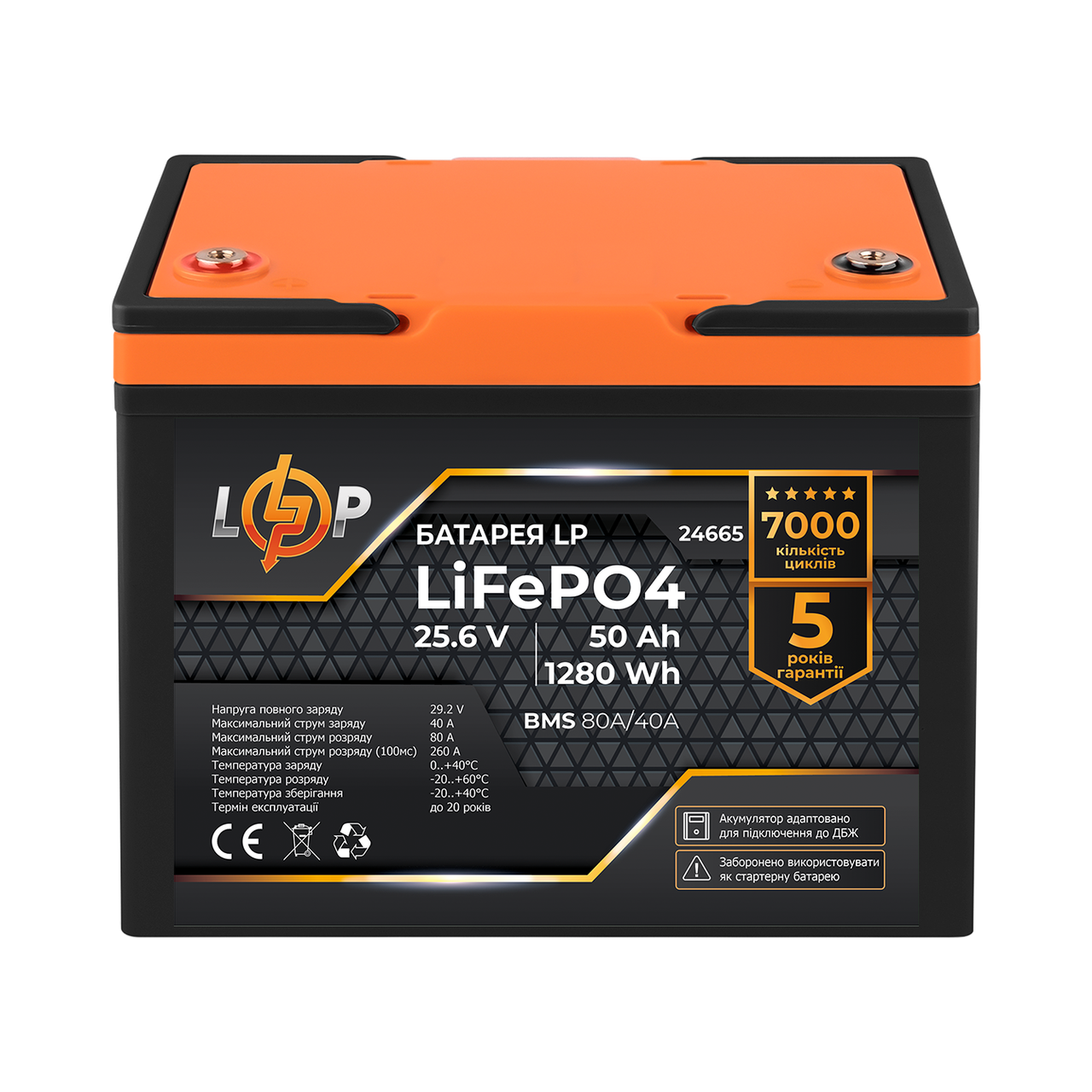 Акумулятор LP LiFePO4 25,6V - 50 Ah (1280Wh) (BMS 80A/40А) пластик для ДБЖ