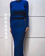 Женственный однотонный длинный юбочный костюм двойка рубчик (свитер и юбка миди) в расцветках размер 42/46 Синий