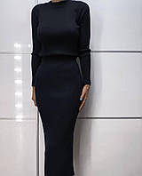 Женственный однотонный длинный юбочный костюм двойка рубчик (свитер и юбка миди) в расцветках размер 42/46 черный