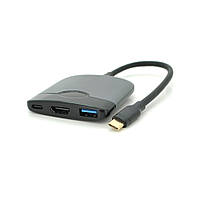 Хаб Type-C(папа) пластиковый, HDMI(мама)+USB3.0(мама)+PD(мама), 23cm, Black o