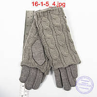 Женские серые трикотажные перчатки с плюшевым утеплителем и вязаной накидкой - №16-1-5