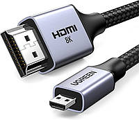 Переходник кабель UGREEN Micro HDMI-HDMI 2.1 Aluminum Shell Braided 48Gbps Ultra High Speed 1м Black (HD164)