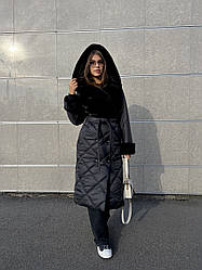 Зимове чорне жіноче комбіноване пальто з капюшоном