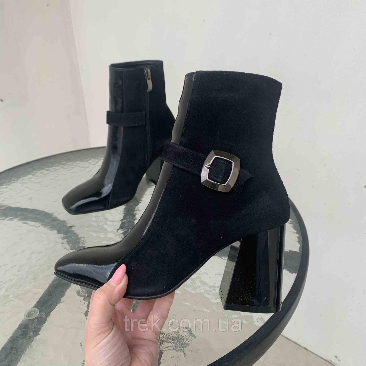 Черевики на каблуку чорні замш\лак /23437/ 36р, фото 1