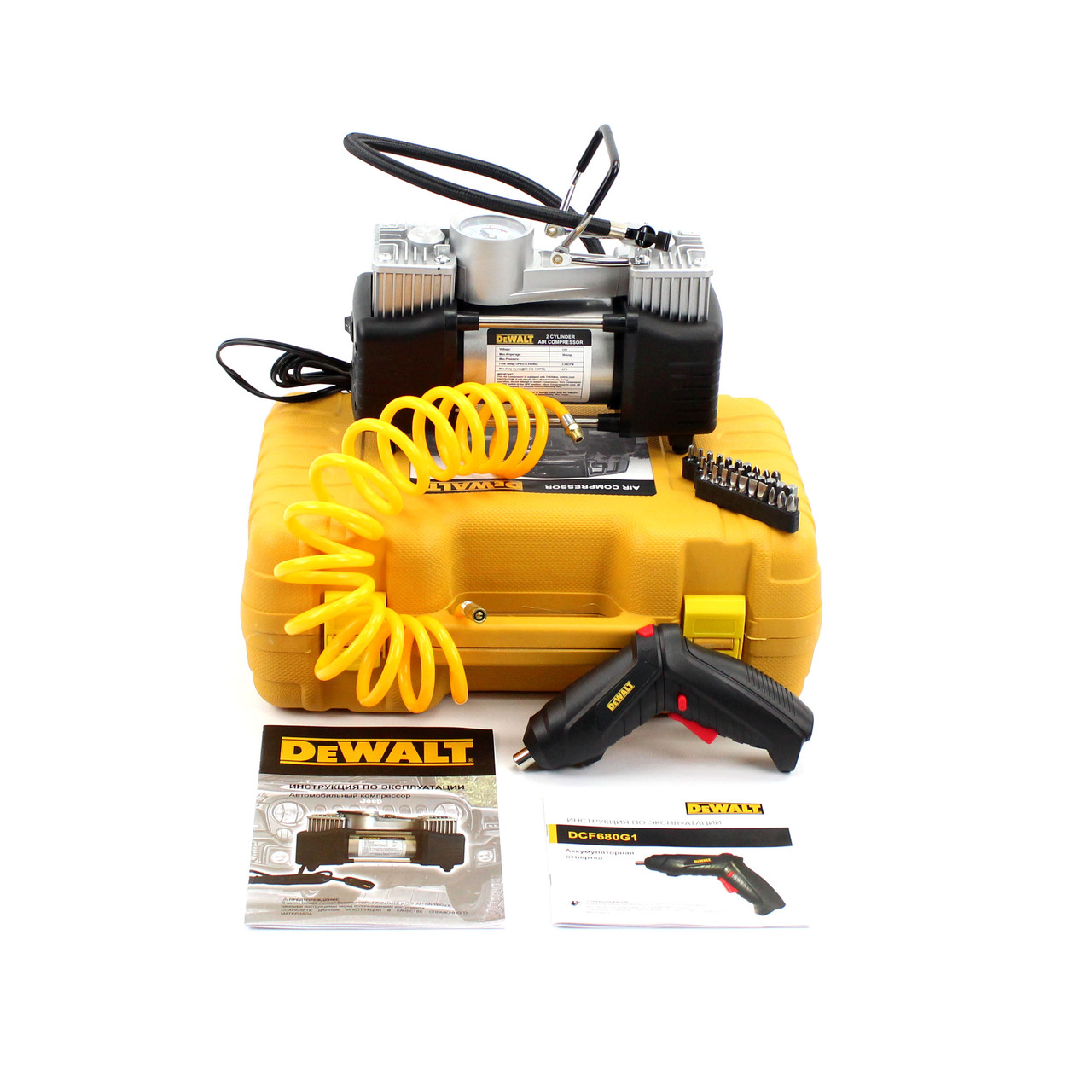 Авто набір 2в1 DeWalt компресор 72л/хв 12V, 30A + викрутка DCF680G1)