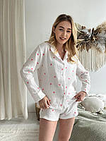Женская пижама рубашка и шорты хлопок, домашний костюм муслин с розовыми сердечками