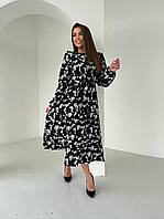 Цветочное платье миди из штапеля с расклешенной юбкой и рукавами фонариками (р. 42-52) 2035543