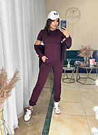 Женский качественный прогулочный базовый костюм кофта на молнии футболка штаны спортивный костюм двухнитка Бордовый, 50/52