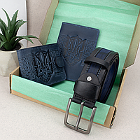Подарочный мужской набор №86: портмоне + ремень + обложка на паспорт (синий)