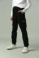 Підліткові штани карго для хлопчика чорні широкі з кишенями з написом стильні сучасні