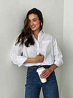 Молочная/черная/молочная женская классическая длинная рубашка oversize из коттона, размер 40-46 Молочный