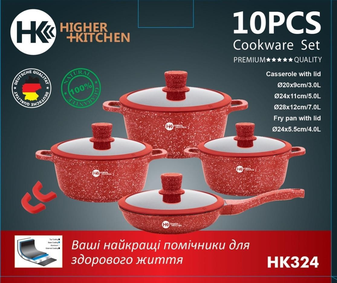 Набор кастрюль с антипригарным гранитным покрытием и сковородой Higher Kitche 10 предметов НК 324 Красный - фото 1 - id-p2105464200