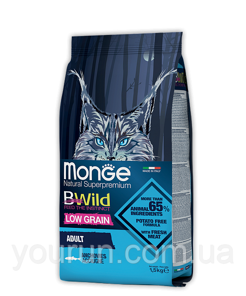 Monge BWild Low Grain Anchovies Adult Cat - Сухий низькозерновий корм для дорослих кішок (з анчоусами) 1.5 кг