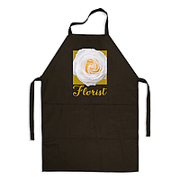 Фартух чорний кухонний з оригінальним принтом для флориста "Florist. Флорист. Жовтий напис. Біла Троянда"