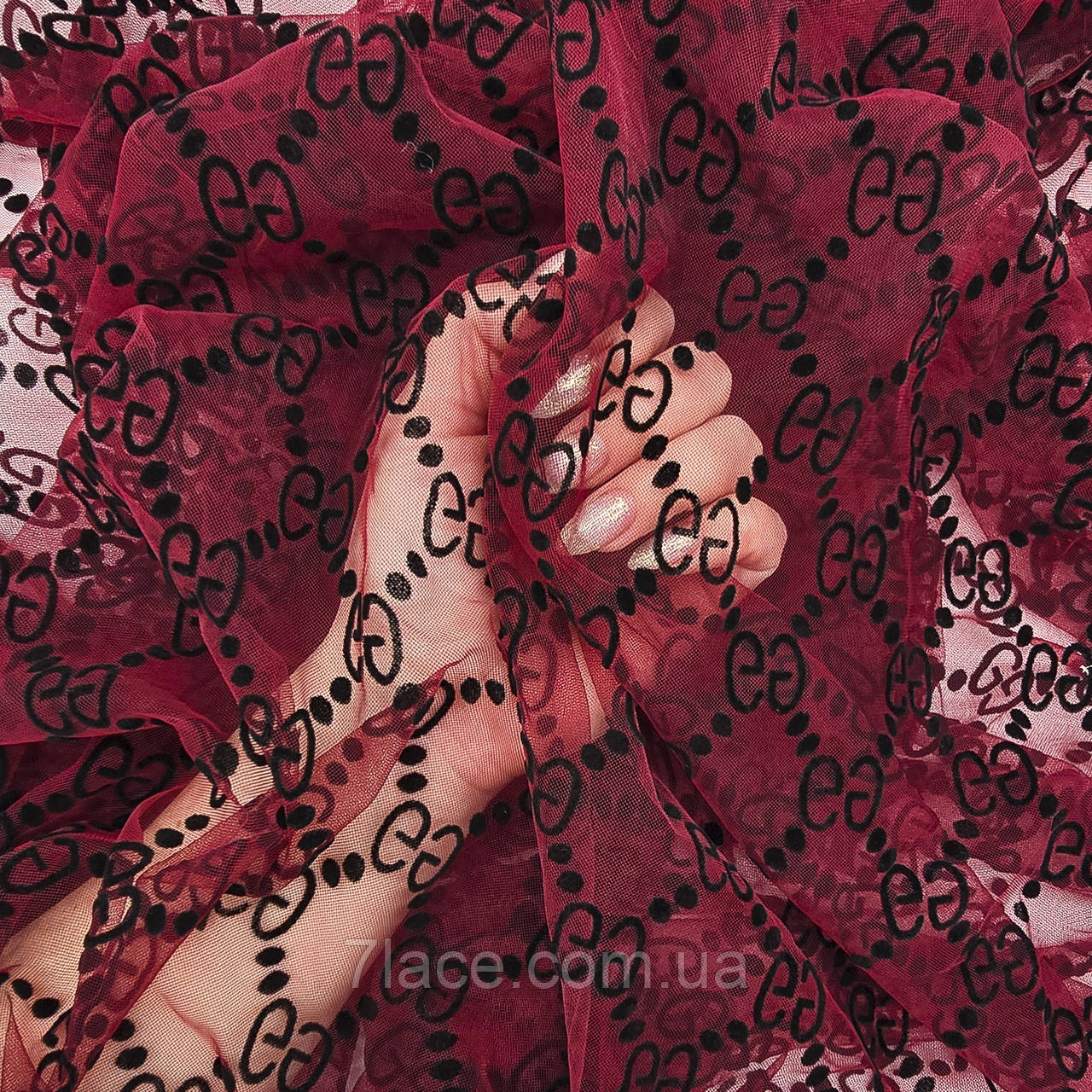 Сітка стрейч з флоком (GUCCI) / колір БОРДОВИЙ / ціна вказана за 0,5 метра сітки