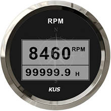 Тахометр із лічильником мотогодин, цифровий, 8000RPM, чорний/неіржавка сталь, KUS.